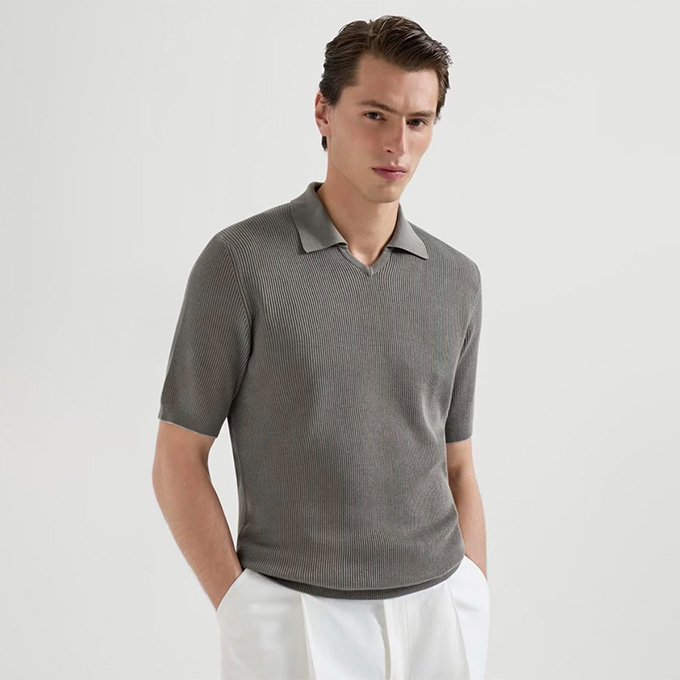9a+ quality brunello cucinelli solid ribbed knit short sleeve polo shirt